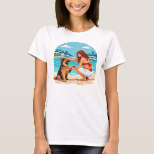 Camiseta Pastor Alemão Feliz E Mulher Se Conectando Na Prai