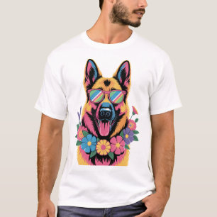 Camiseta Pastor Alemão Maneiro de Óculos de Neon