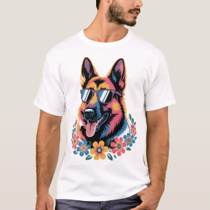 Camiseta Pastor Alemão Neon com Óculos de Sol