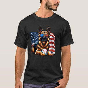Camiseta Pastor Alemão Patriótico Amante de Beisebol Bandei