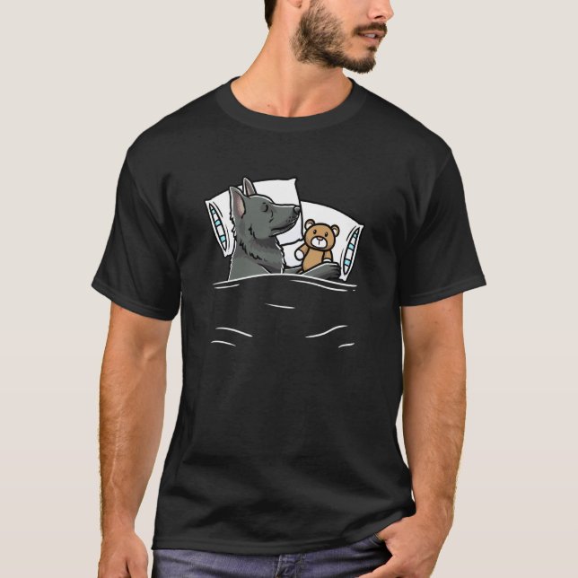 Camiseta Pastor Alemão Preto Dormindo Com Amantes de Brinqu (Frente)
