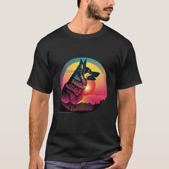 Camiseta Pastor Alemão Synthwave dos anos 80 com Estética R (Frente)