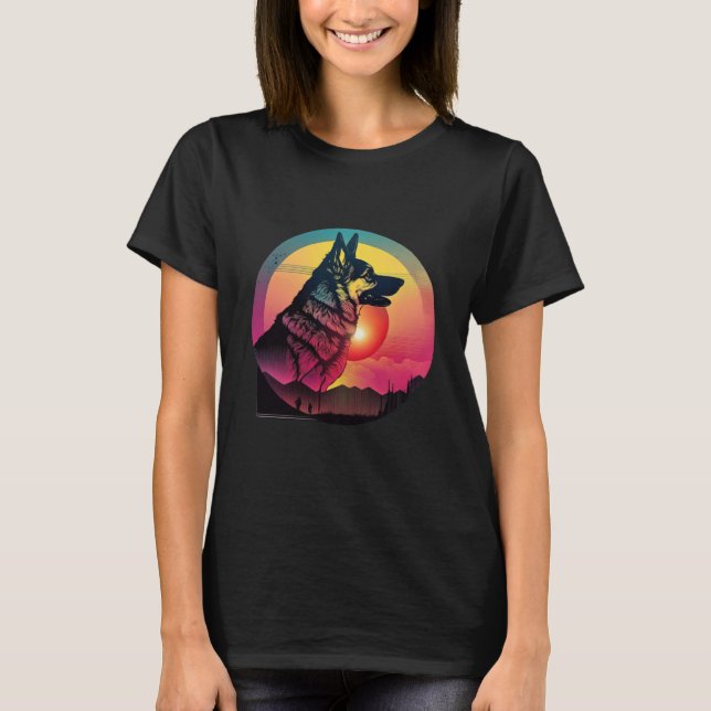 Camiseta Pastor Alemão Synthwave dos Anos 80 com uma Estéti (Frente)
