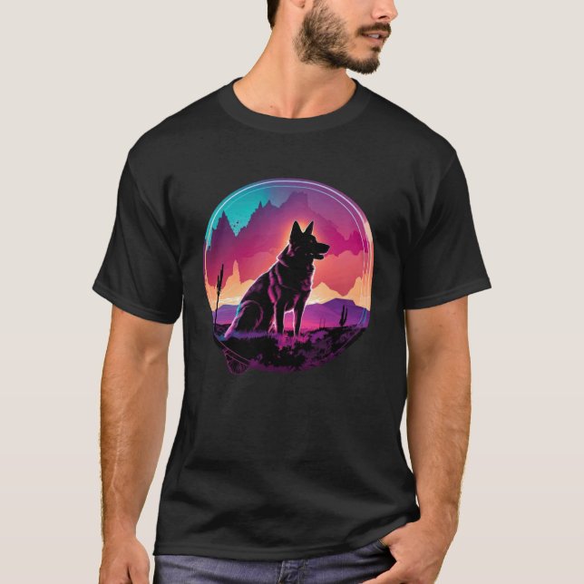 Camiseta Pastor Alemão Synthwave Estética 80s Retrowave (Frente)