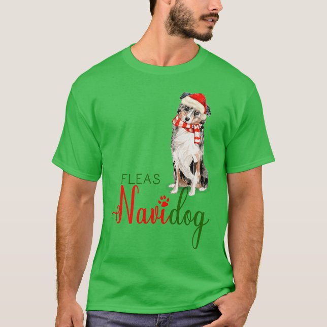 Camiseta Pastor australiano Engraçado Fleas Navidog (Frente)