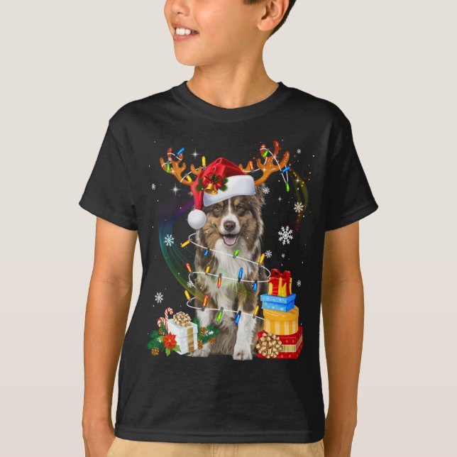 Camiseta Pastor australiano Lights Santa Hat Sweater C (Frente)