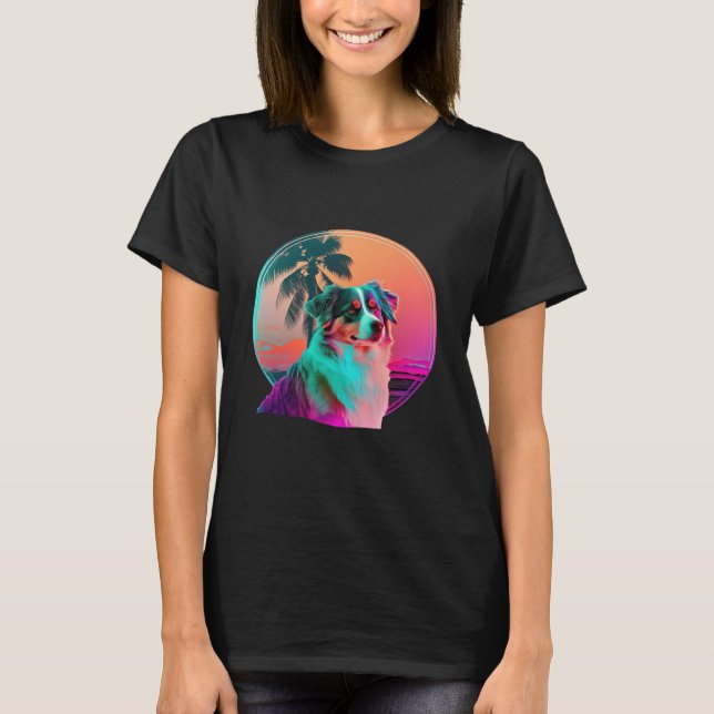 Camiseta Pastor Australiano Synthwave Anos 80 Retrowave Est (Frente)
