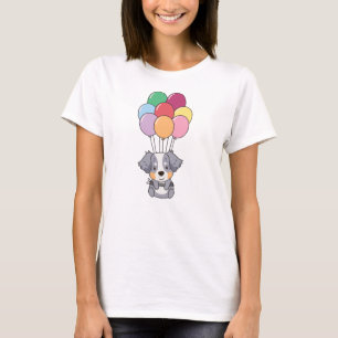 Camiseta Pastor Australiano Voa Com Balões Coloridos
