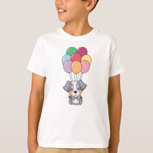Camiseta Pastor Australiano Voa Com Balões Coloridos