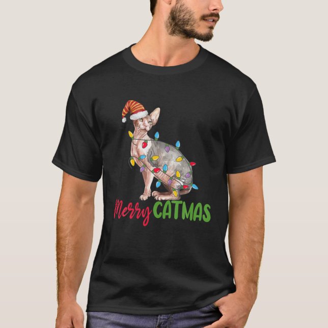 Camiseta Pata De Gato Esfinge Natal Luzes De Árvore De Xmas (Frente)