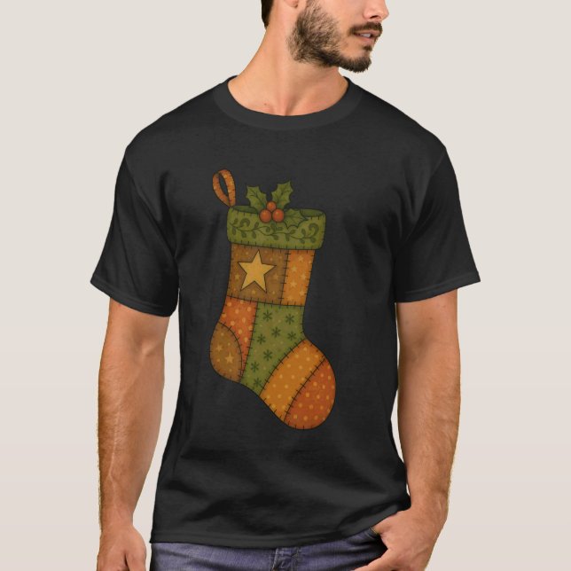 Camiseta Patchwork Christmas Stocking with Star Folk Art (Frente)