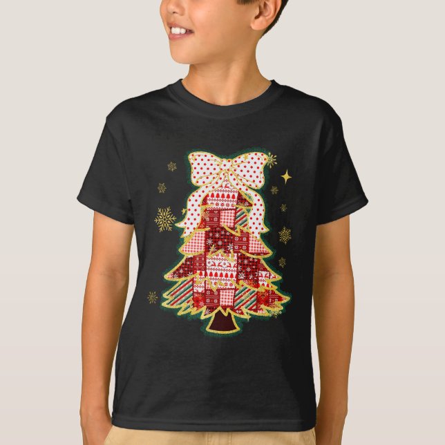 Camiseta Patchwork Christmas Tree Coquette Bow Xmas Holiday (Frente)