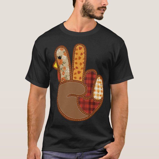 Camiseta Patchwork Peace Sign Turkey Hand Thanksgiving Fall (Frente)