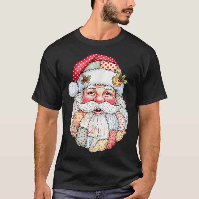 Camiseta Patchwork Santa Claus Face Preppy Girly Christmas  (Frente)