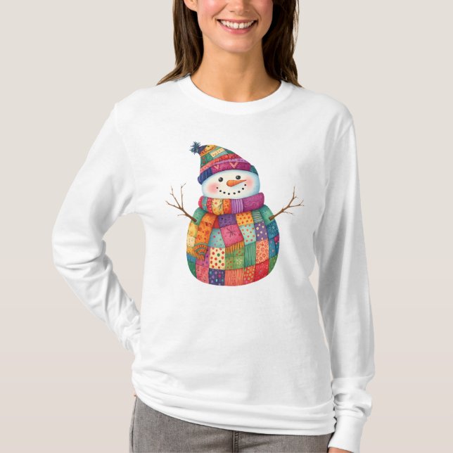 Camiseta Patchwork Snowman Colorir no Natal (Frente)