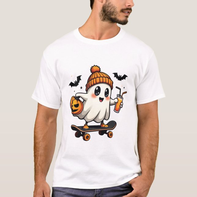 Camiseta Patinação de Halloween Pumpkin Spice Ghost Fall (Frente)