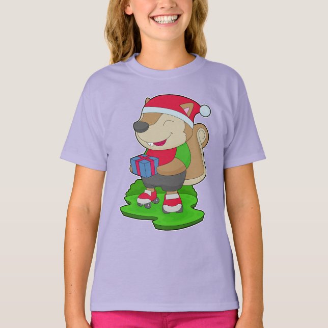 Camiseta Patinação em linha no Natal do esquilo (Frente)