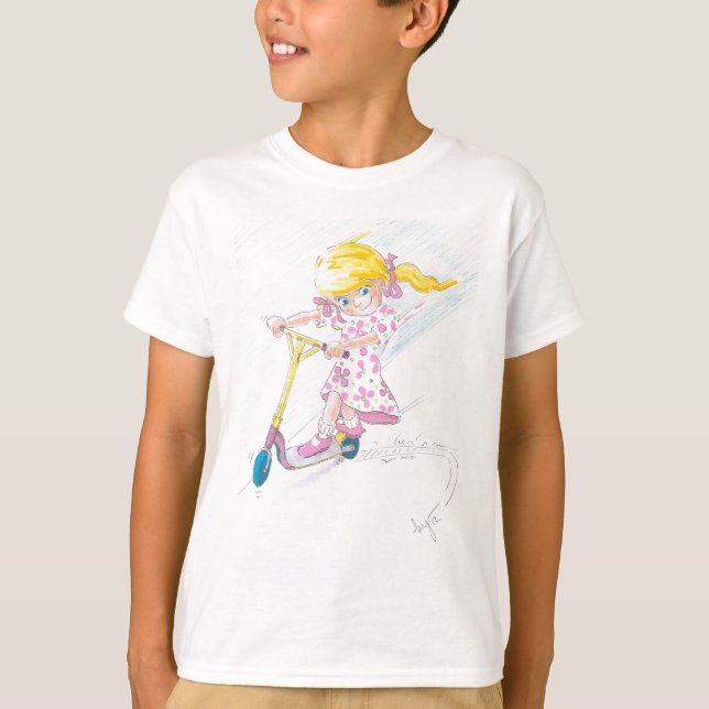 Camiseta Patinete bonito do micro da menina de Microscooter (Frente)