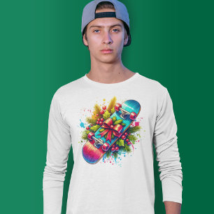 Camiseta Patinete de Natal Arco Vermelho Ramos de Pinheiro