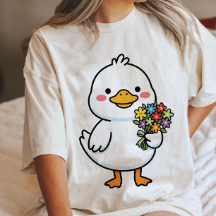 Camiseta Pato Fofo Segurando Buquê de Flores Kawaii
