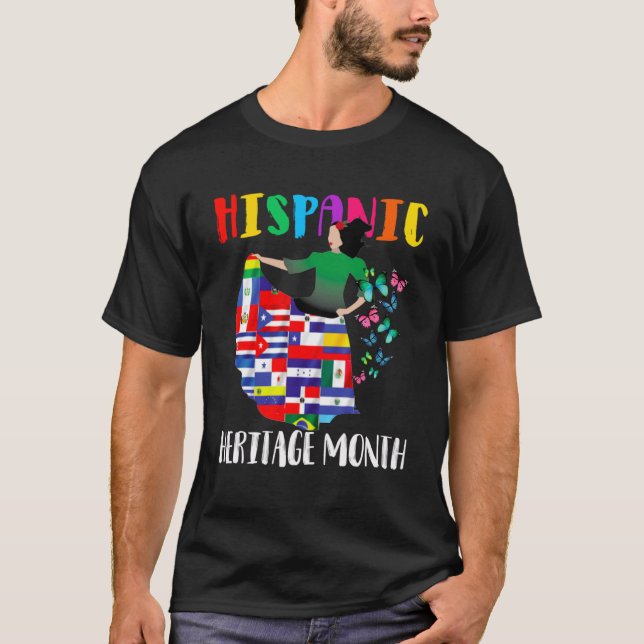 Camiseta Patrimônio Hispânico Mês Latino Flagres em Vestido (Frente)