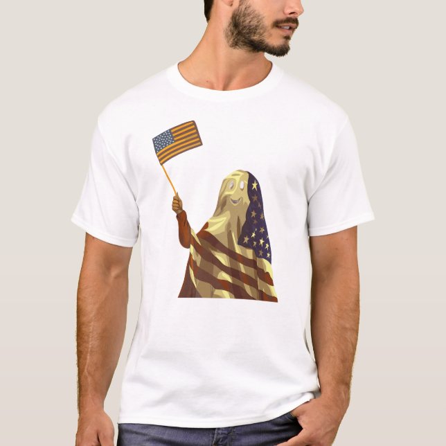 Camiseta Patriotic American Flag Ghost Halloween (Frente)