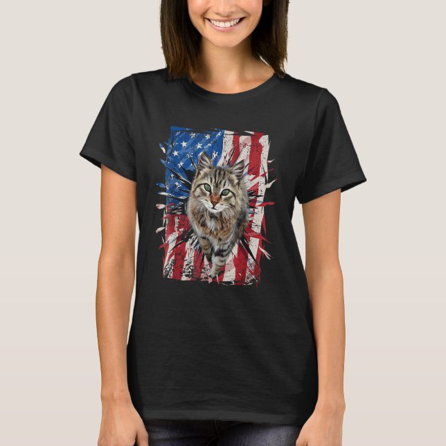 Camiseta Patriotic Brown Cat Torn American Flag 4th Of July (Frente)