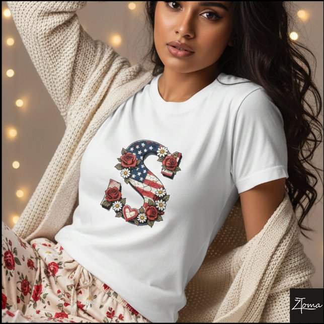 Camiseta Patriotic Floral Letter S Wreath Design (Sample design. Several style are available to choose from, with the option to add a name & color.)