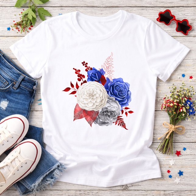 Camiseta Patriotic Red White Blue Roses (Criador carregado)