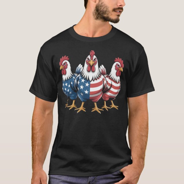 Camiseta Patriotic Rooster American Flag 4 de julho Farmer  (Frente)
