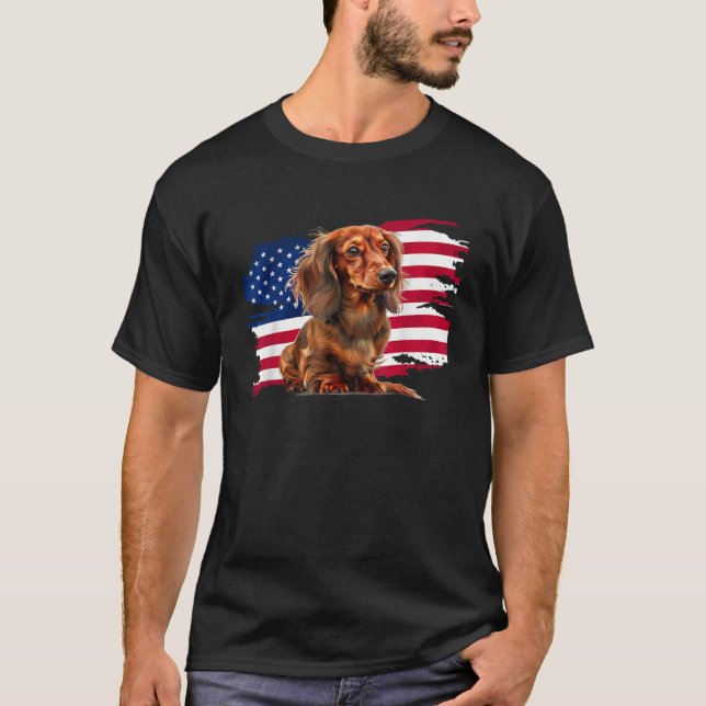 Camiseta Patriotic USA Flag 4th of July Long Haired Dachshu (Frente)