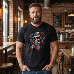 Camiseta Patriótica Americana Caveira Café e Rosas