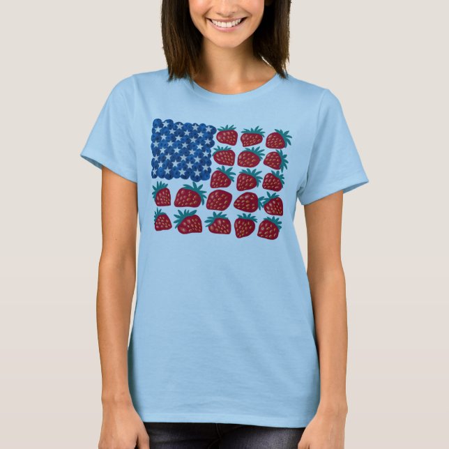Camiseta Patriótica Americana Flag Strawberry Blueberry Art (Frente)