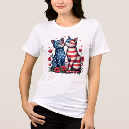 Camiseta Patriótica de Bandeira Americana e Flores Gatos