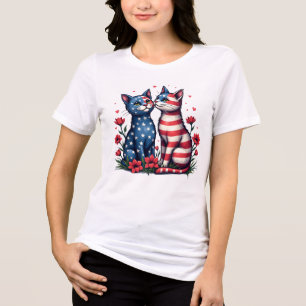 Camiseta Patriótica de Bandeira Americana e Flores Gatos