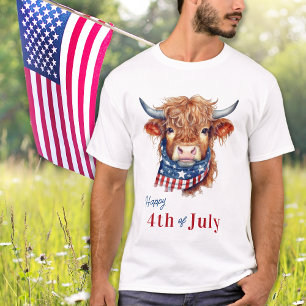 Camiseta Patriótica Highland Cow USA Flag Feliz 4 De Julho