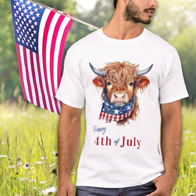 Camiseta Patriótica Highland Cow USA Flag Feliz 4 De Julho (Criador carregado)
