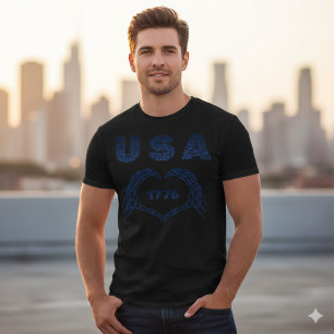 Camiseta Patriótica USA 1776 Coração Esqueleto Mão