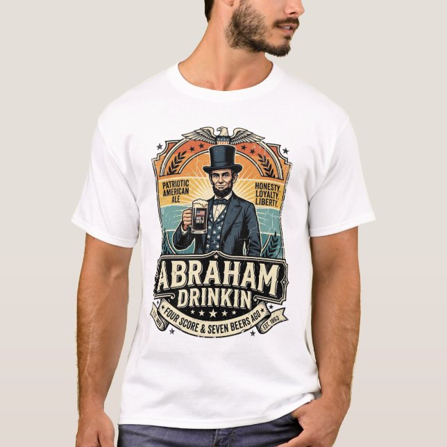 Camiseta Patriótico Abraham Bebendo Retro Desgastado (Frente)