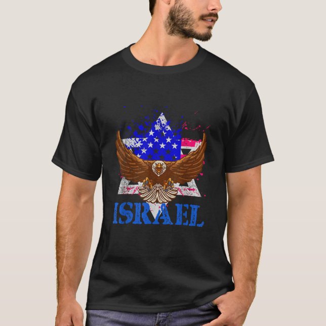 Camiseta Patriótico América Judaica EUA Bandeira Israel (Frente)