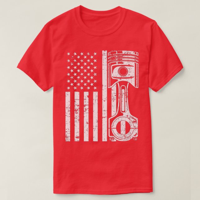 Camiseta Patriótico Americano Flag Piston Muscle Car Vintag (Frente do Design)