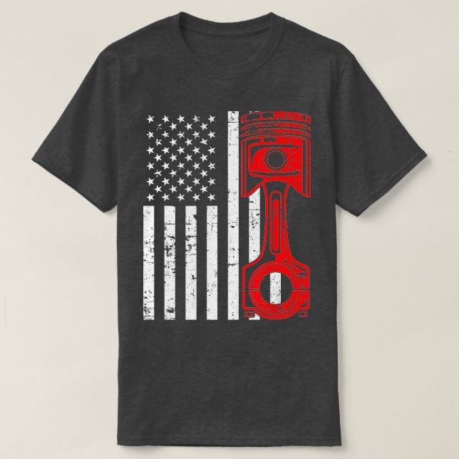 Camiseta Patriótico Americano Flag Piston Muscle Car Vintag (Frente do Design)