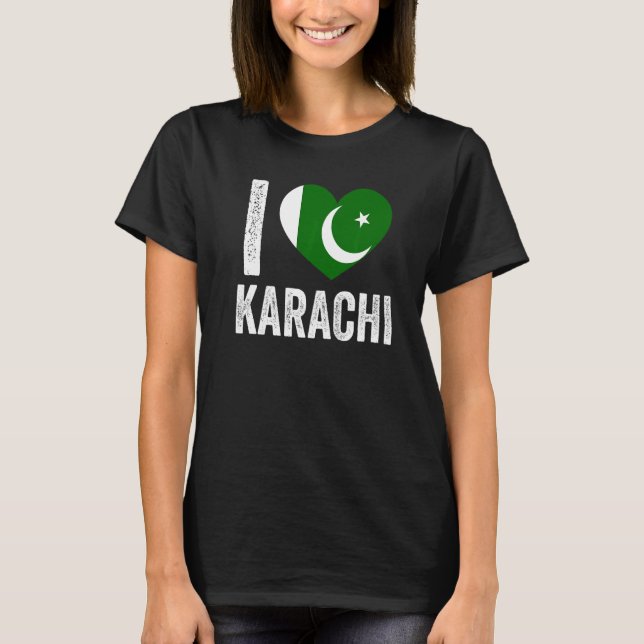 Camiseta Patriótico do Paquistão Sinalizador I Love Karachi (Frente)