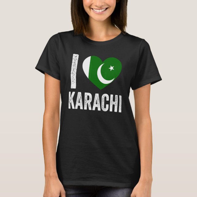 Camiseta Patriótico do Paquistão Sinalizador I Love Karachi (Frente)