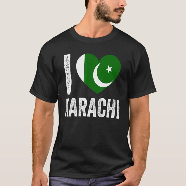Camiseta Patriótico do Paquistão Sinalizador I Love Karachi (Frente)