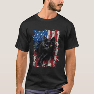 Camiseta Patriótico Gato Negro Torno Bandeira Americana 4 D