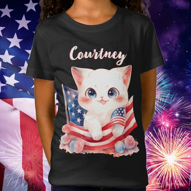Camiseta Patriótico Kitten 4 de julho Personalizado (Patriotic Kitten 4th of July Personalized T-Shirt)