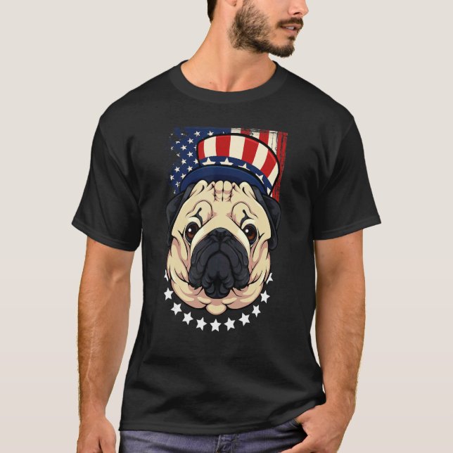 Camiseta Patriótico Pug 4 De Julho Cachorro Americano Bande (Frente)