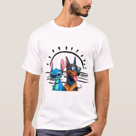 Camiseta Patrulha de Praia: Doberman & Stich em serviço!