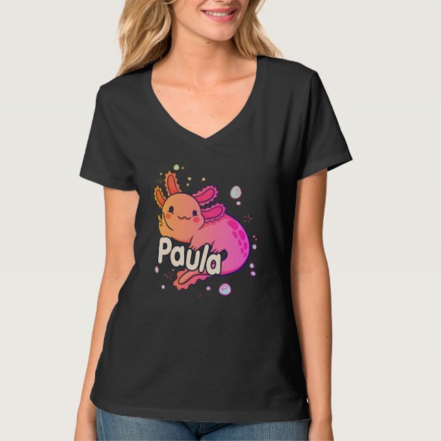 Camiseta PAULA - Lindo nome de menina com adorável AXOLOTL (Frente)
